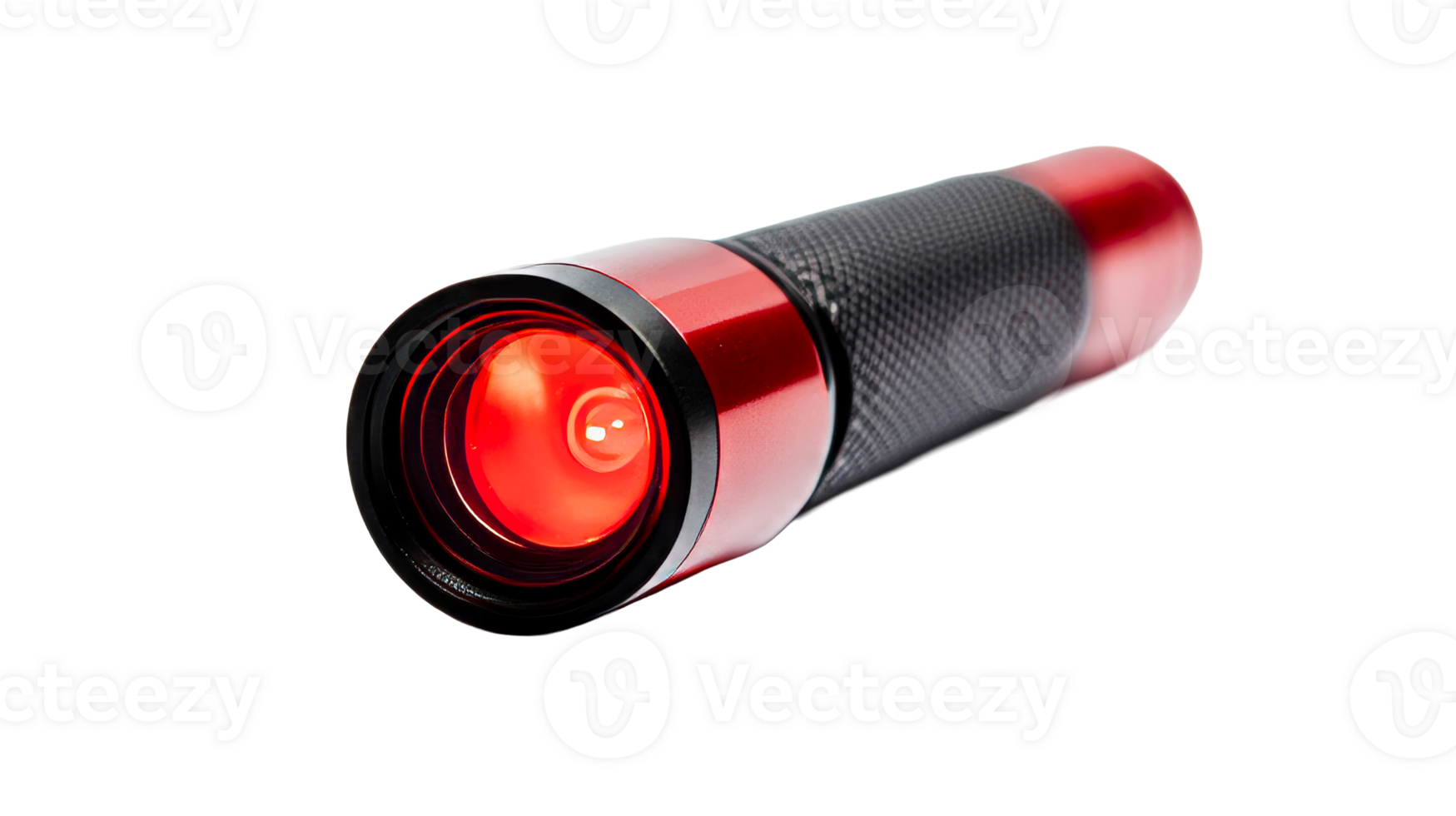 Red flashlight with textured handle, illuminating black background, cut out transparent png