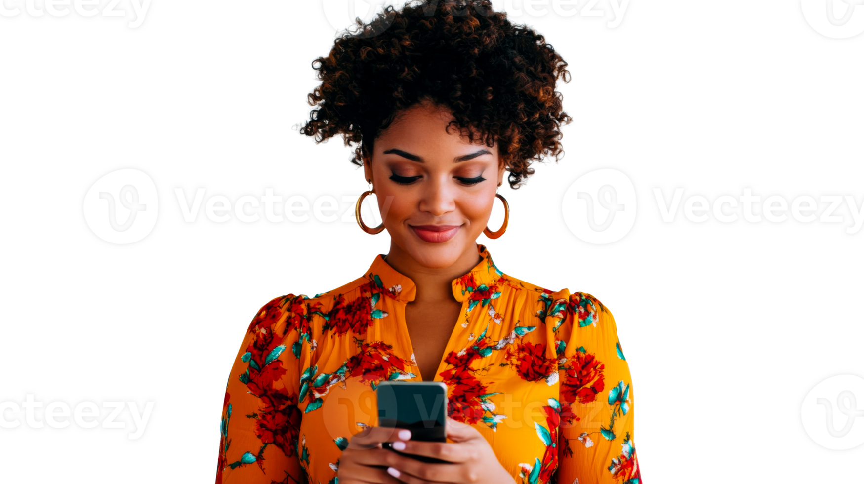 Woman in floral blouse using smartphone, isolated and cut out transparent png