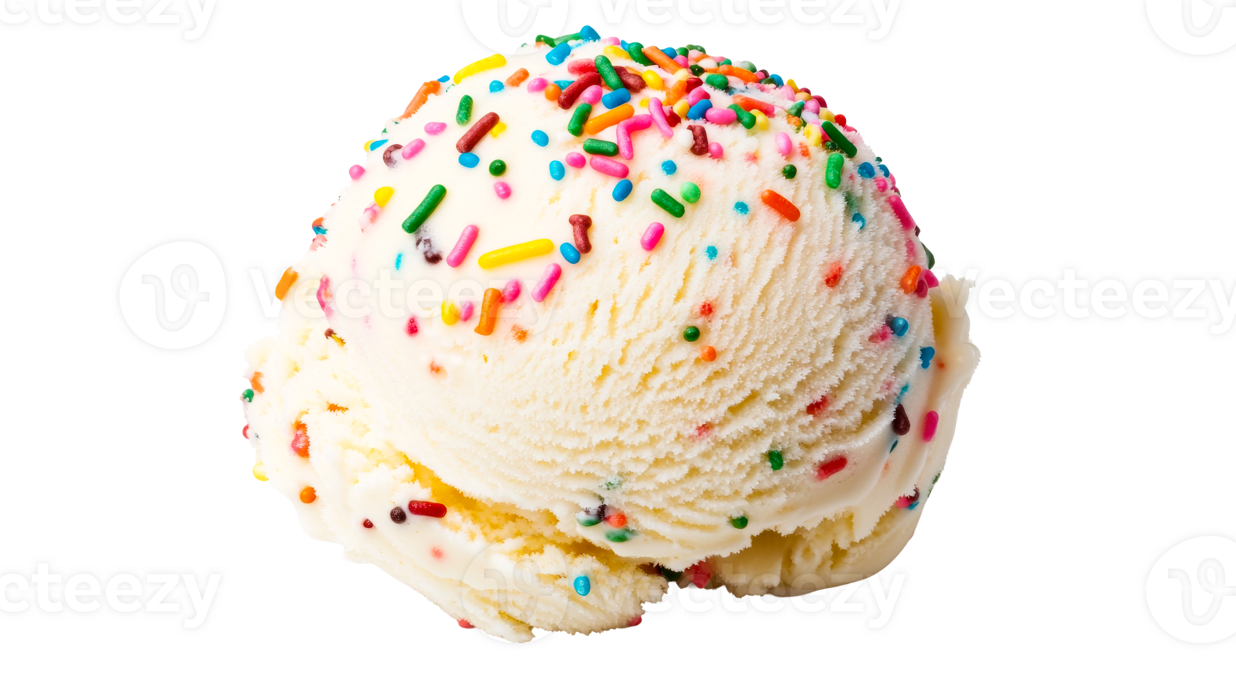 Vanilla ice cream scoops with colorful sprinkles, frozen treat, cut out transparent png