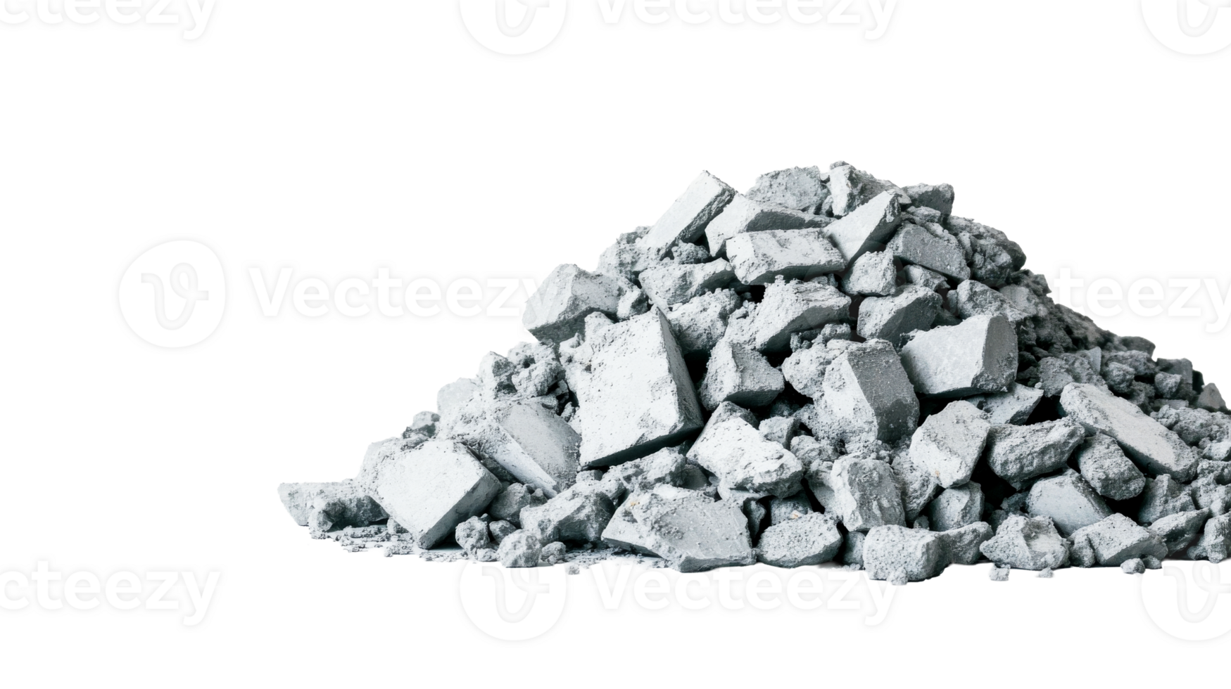 Heap of grey stone blocks on black background, cut out transparent png