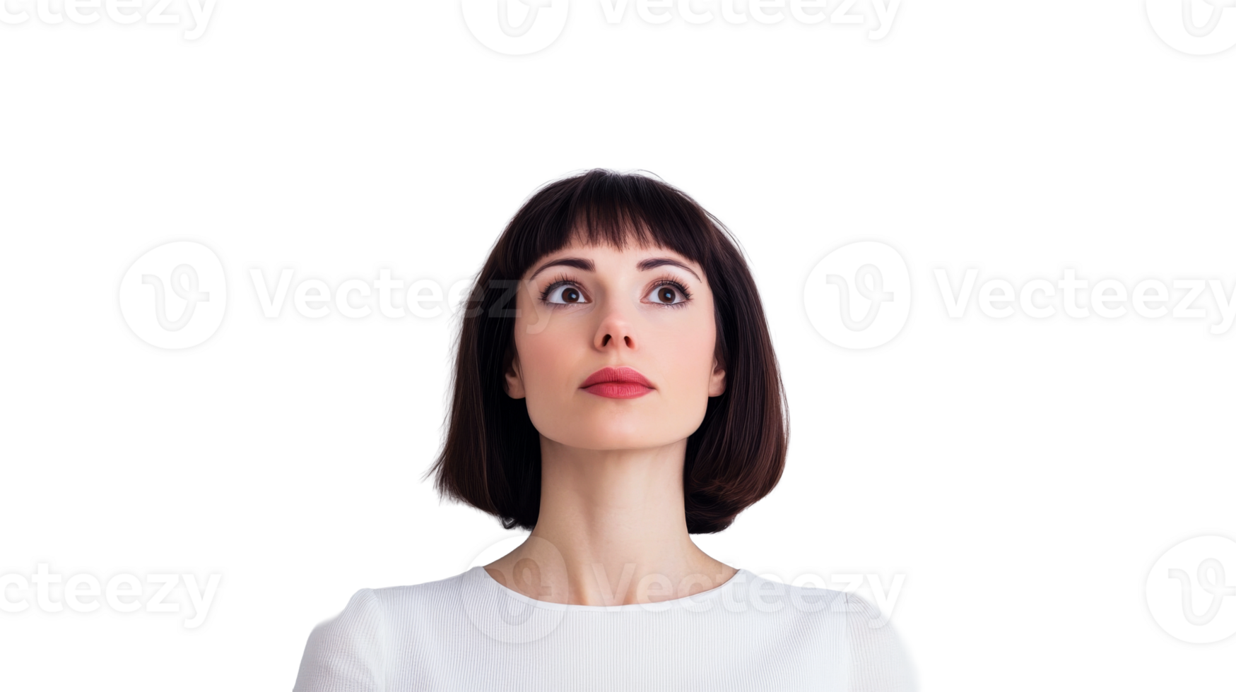 Attractive woman with bob hairstyle looking up curiously, cut out transparent png