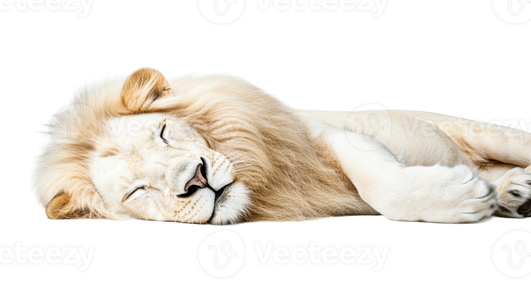 Majestic white lion sleeping peacefully, portrait of king, cut out transparent png