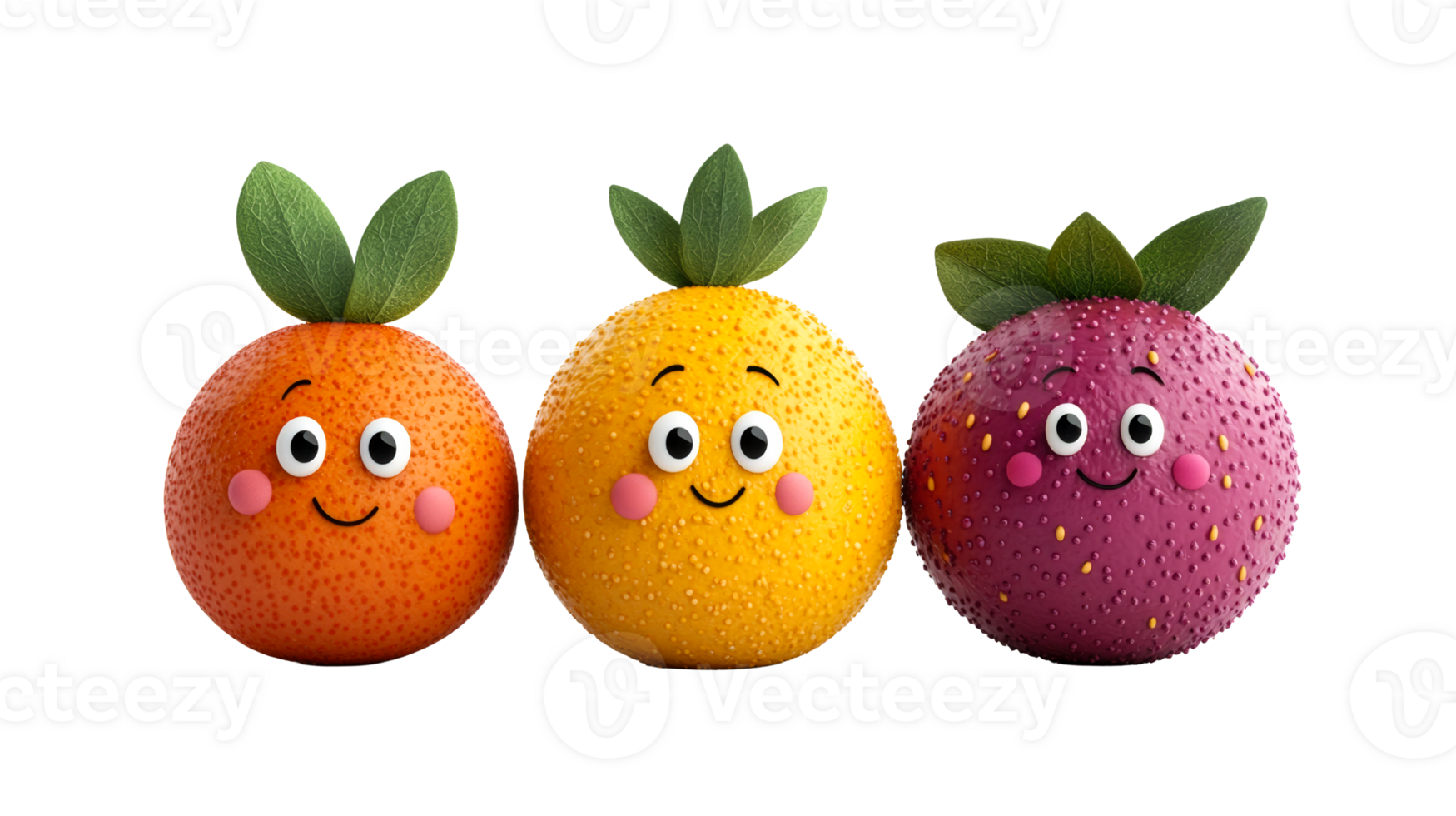 Cheerful fruit characters line up side by side, cut out transparent png
