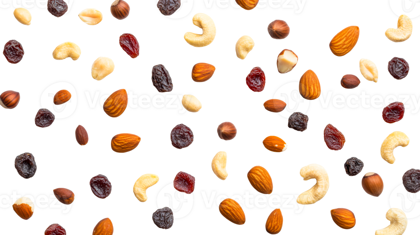 Nuts and dried fruits assortment against black backdrop , cut out transparent png