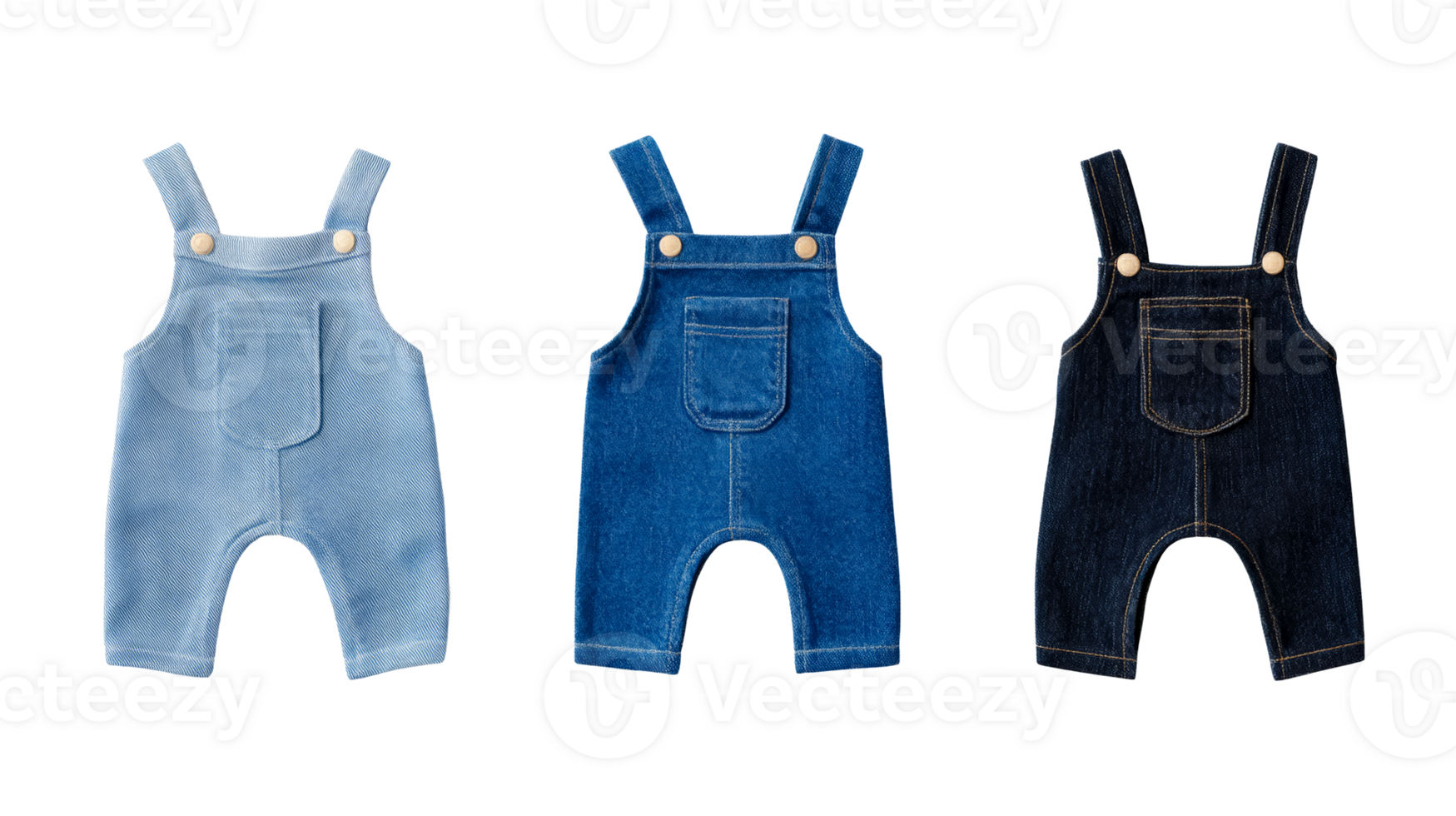Denim overalls in various colors, childrens wear, cut out transparent png