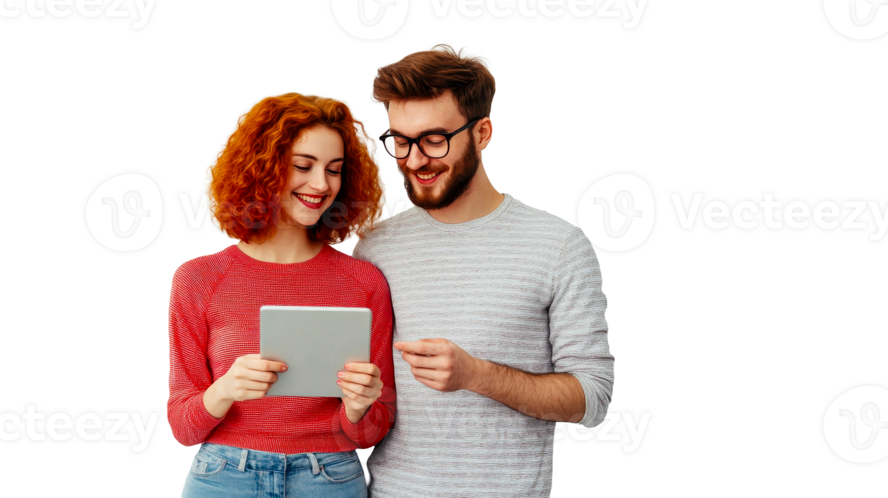 Young couple smiling while using tablet together png