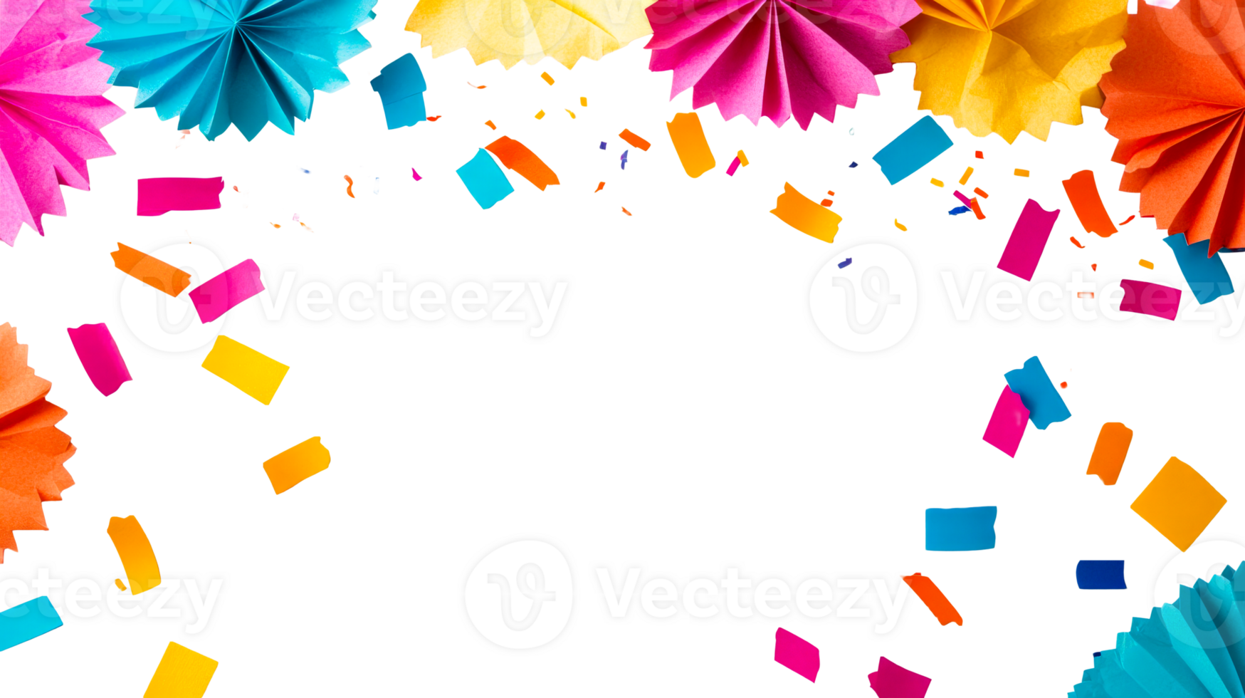 Bright paper fans and confetti falling, celebration backdrop, cut out transparent png