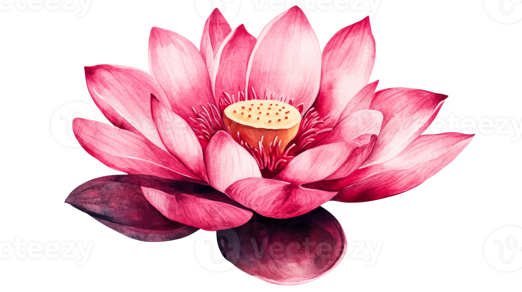 Pink lotus flower watercolor blossom, vibrant petals and bud, cut out transparent png