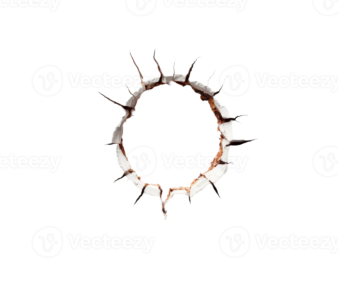 Damaged white plaster wall with a hole in the middle, cut out transparent png