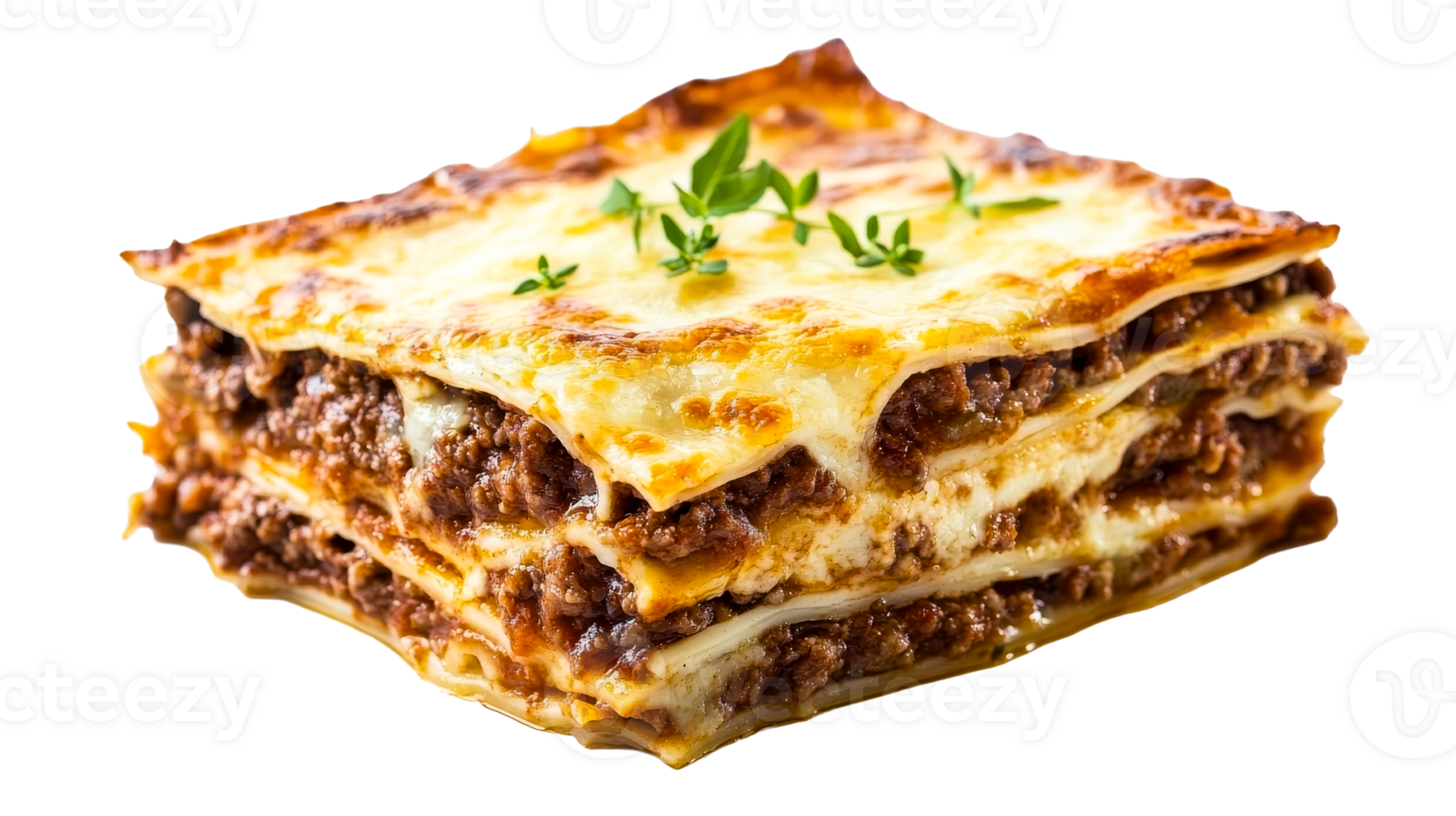 Delicious lasagna dish featuring layers of meat and cheese, cut out transparent png