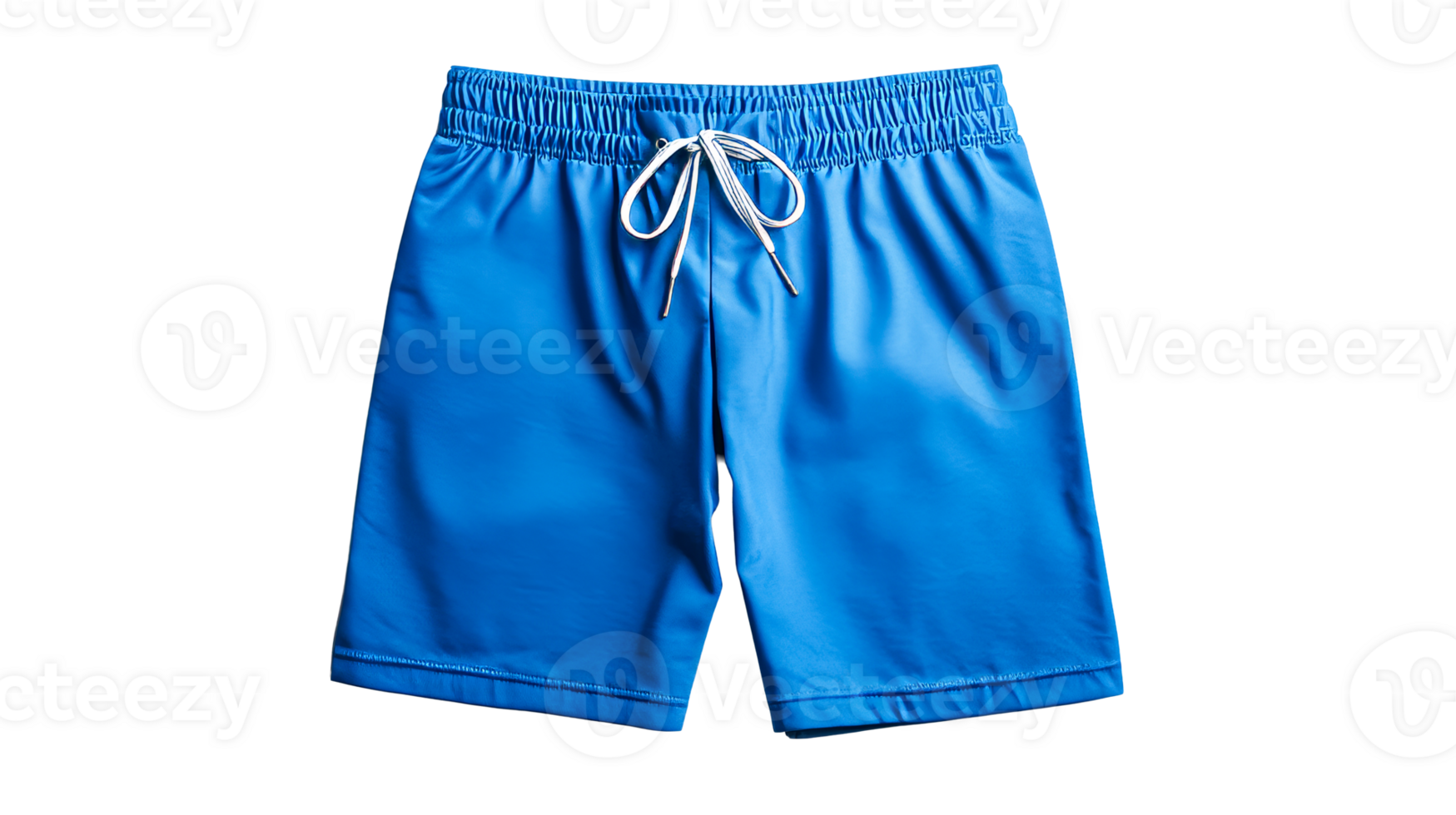 Blue athletic shorts with drawstring on black background, cut out transparent png
