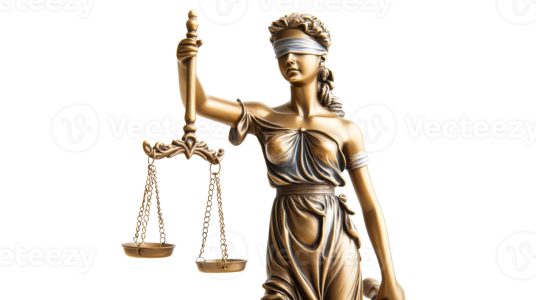 Bronze Lady Justice Statue with Scales and Blindfold, cut out transparent png