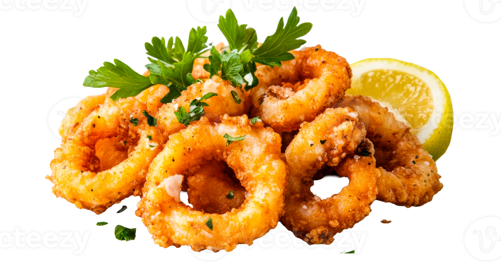 Fried squid rings with lemon and parsley, cut out transparent png
