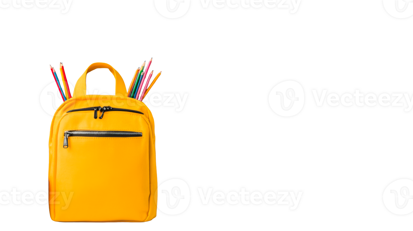 Vibrant Yellow Backpack Filled with Colorful Pencils, cut out transparent png