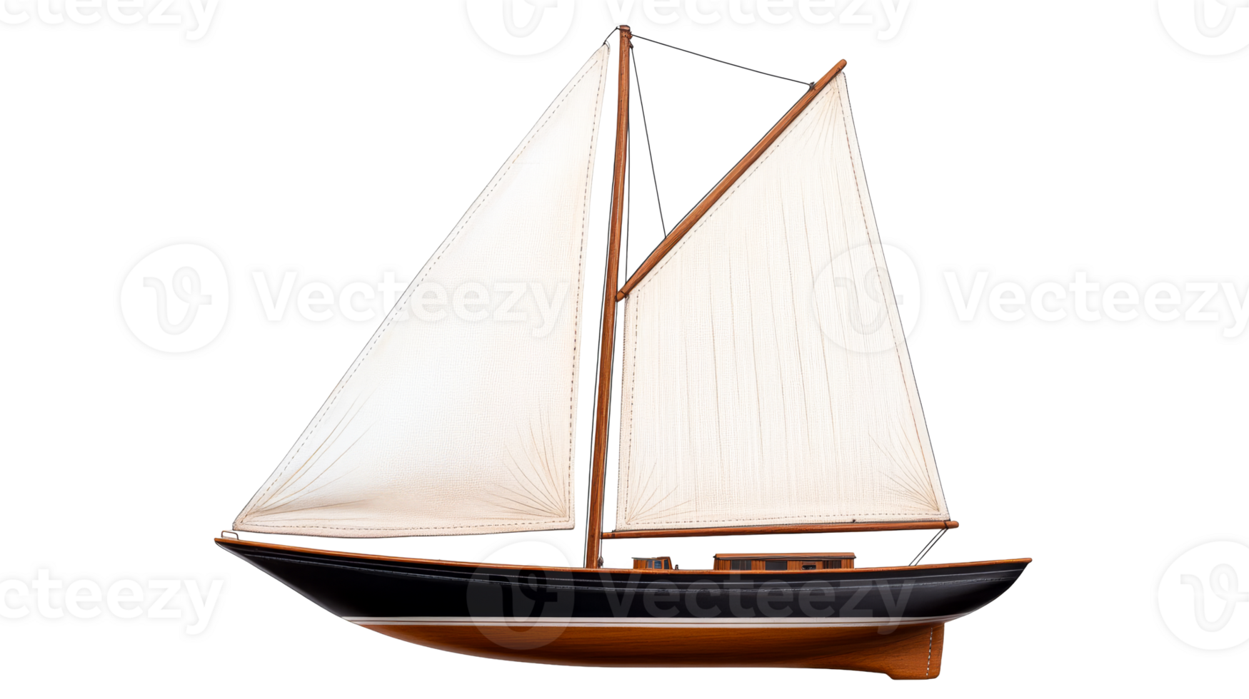 Detailed model sailboat with wood accents and white sails, cut out transparent png