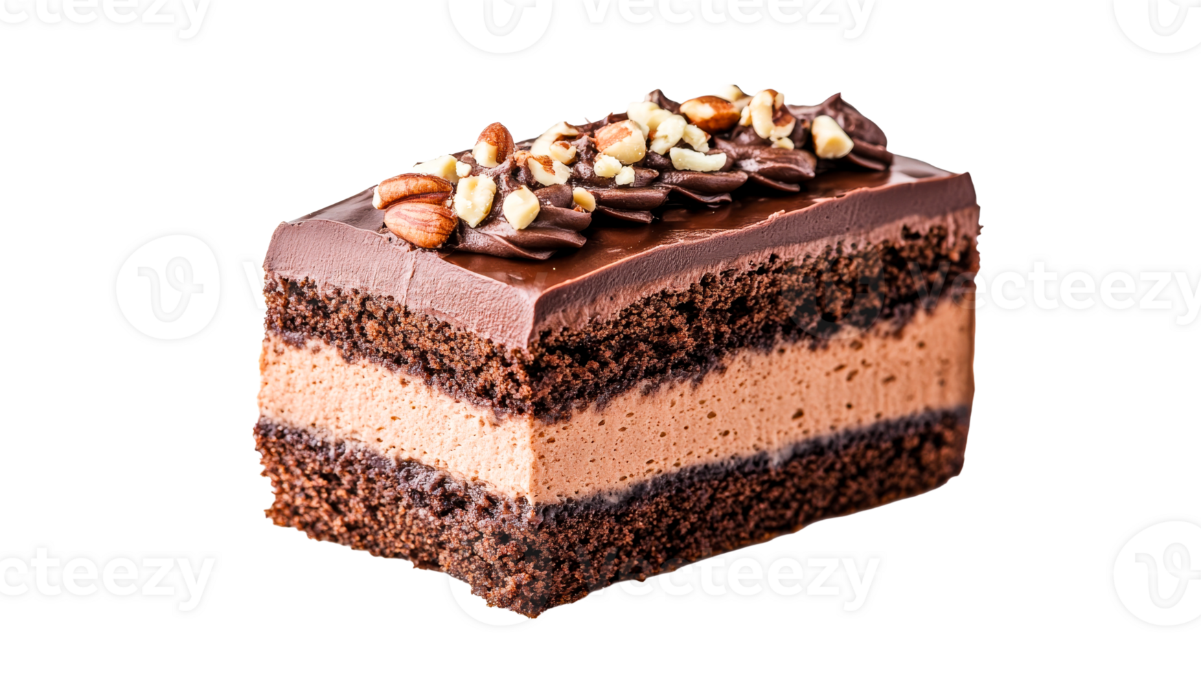 Chocolate cake with nuts and cream, delicious dessert, cut out transparent png