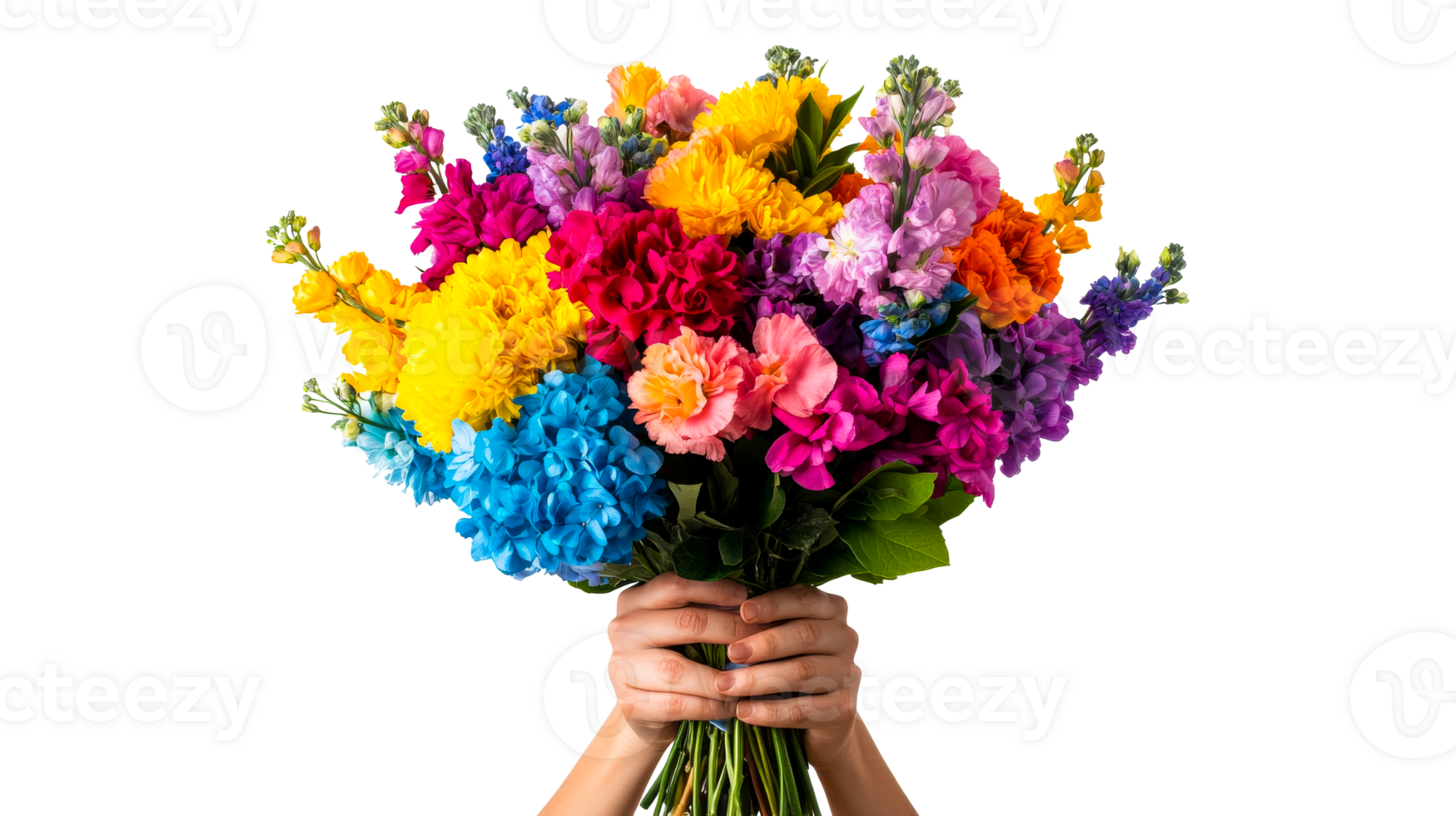 Beautiful vibrant bouquet of flowers in hand, colorful blooms, cut out transparent png
