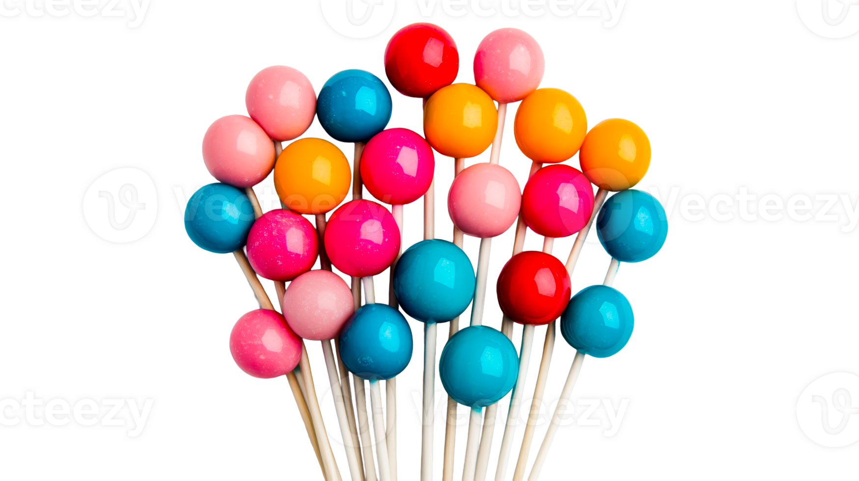 Colorful lollipops arranged in bouquet shape on black background, cut out transparent png