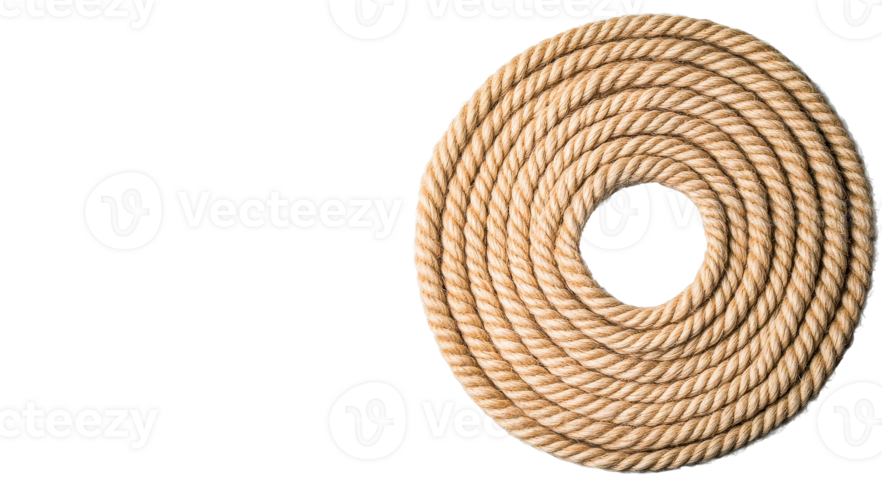 Nautical rope coil with a spiral pattern on a black background, cut out transparent png