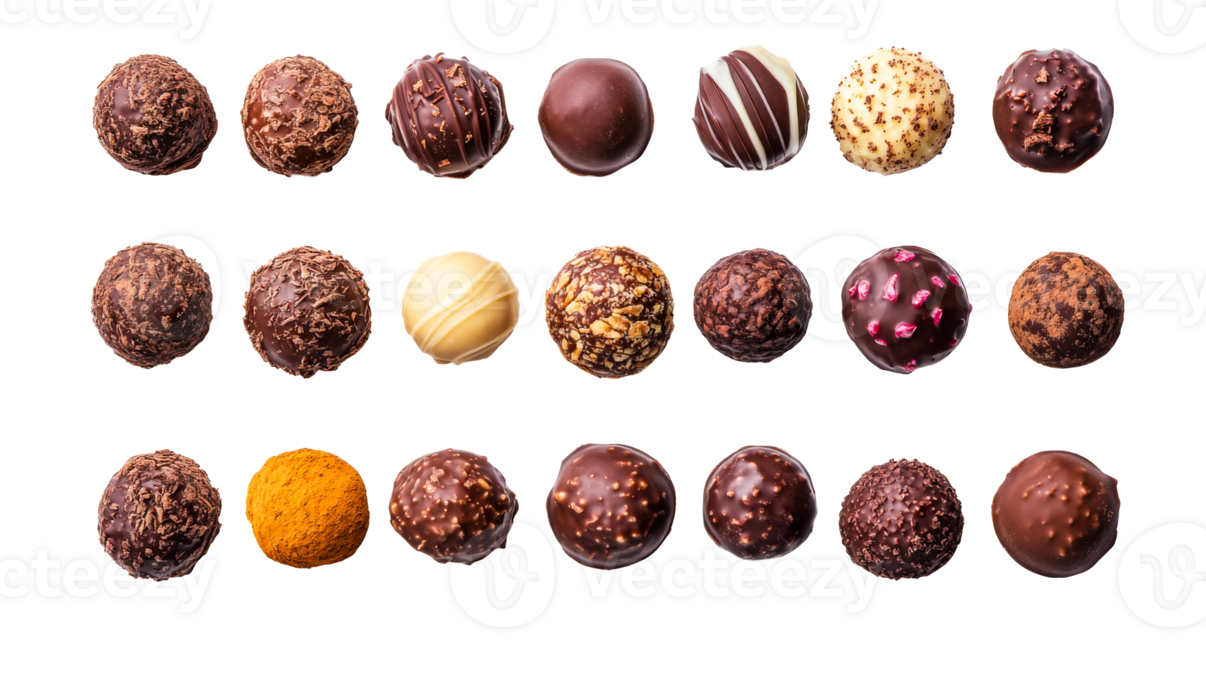 Assorted chocolate truffles on black background, cut out transparent png