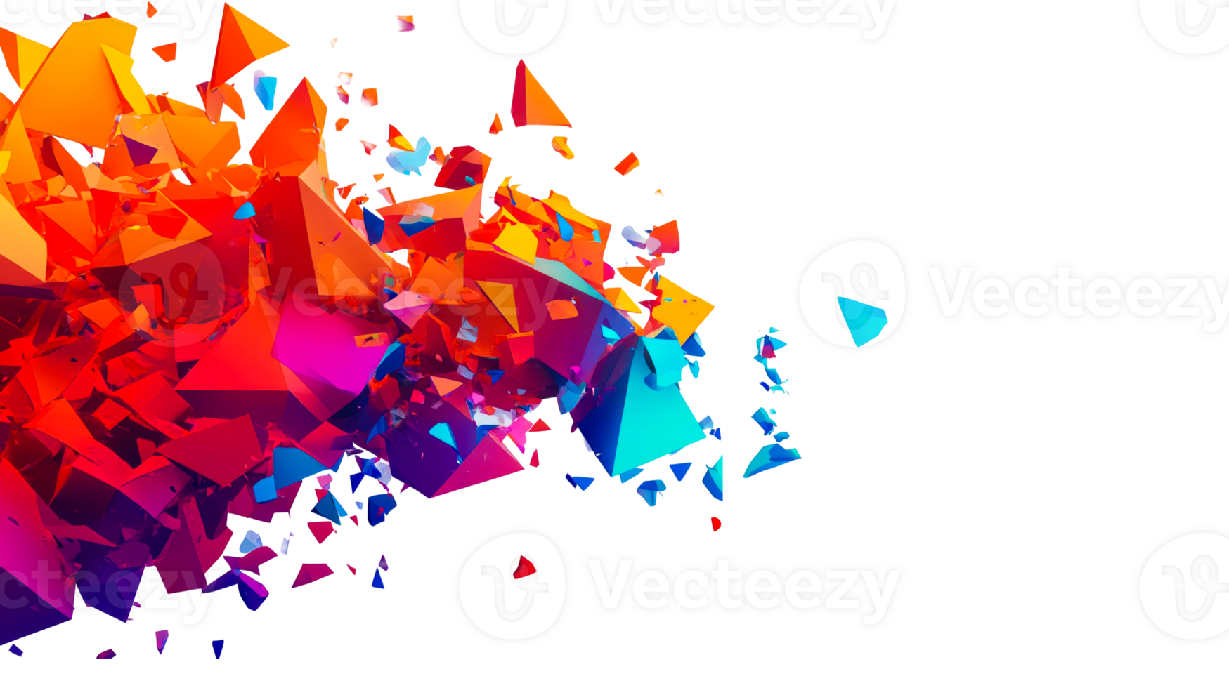 Abstract, colorful 3D shards burst across a black backdrop, cut out transparent png