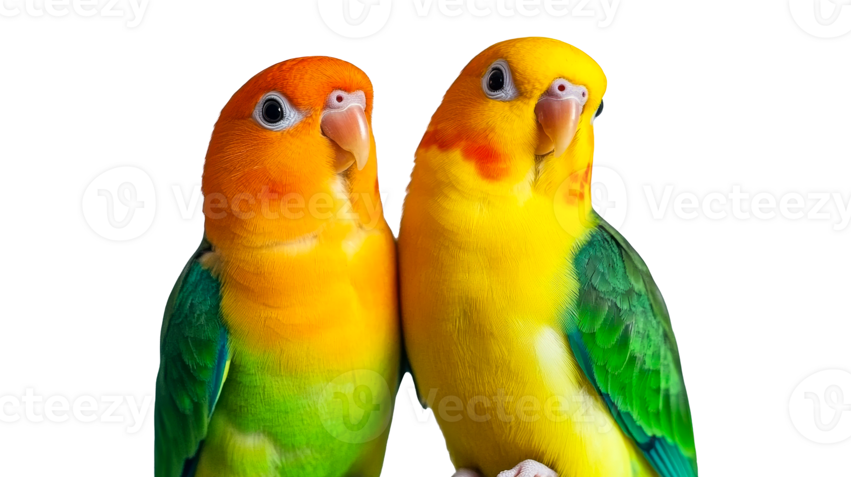 Two vibrant lovebirds perching side by side, close-up, cut out transparent png