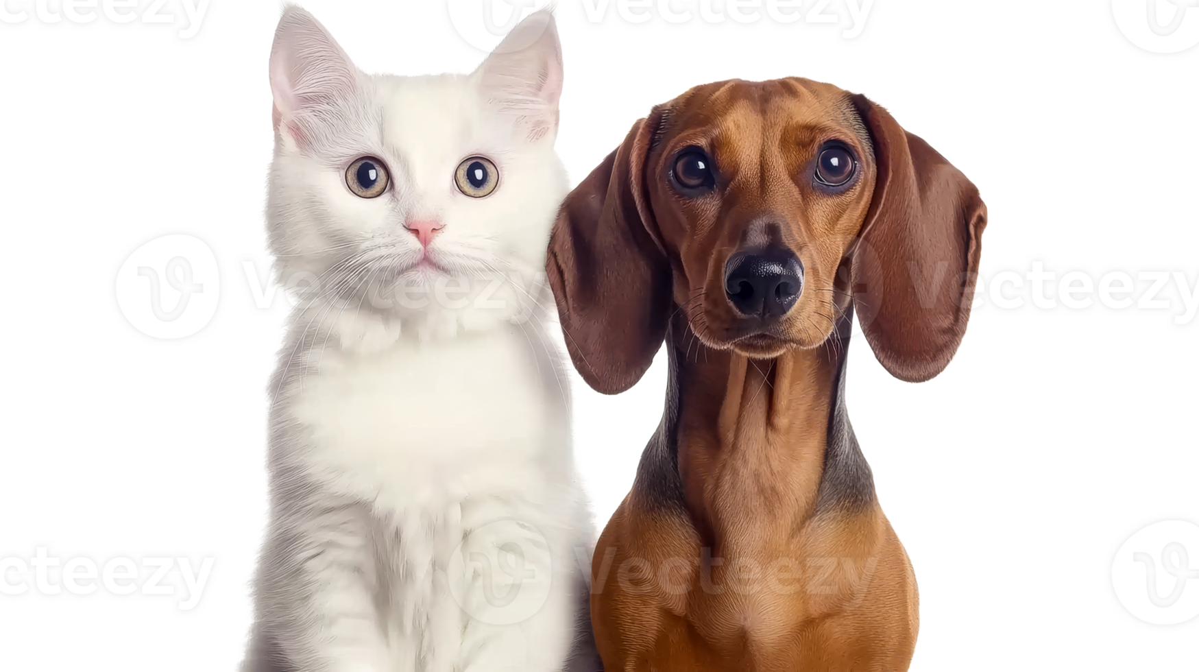 Cat and Dachshund Dog posing together, cut out transparent png