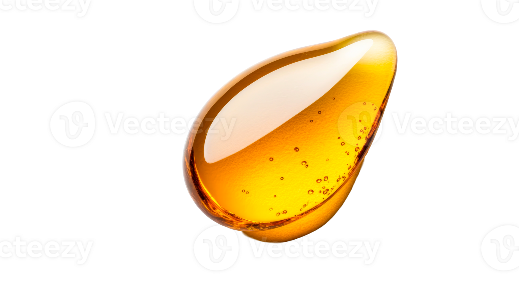 Amber droplet with trapped air bubbles on dark backdrop, cut out transparent png