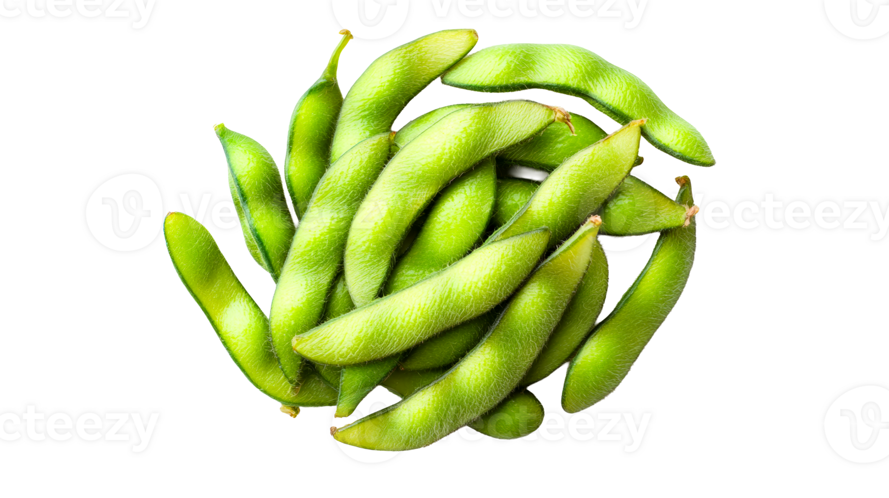 Green edamame pods circle isolated on black background, cut out transparent png