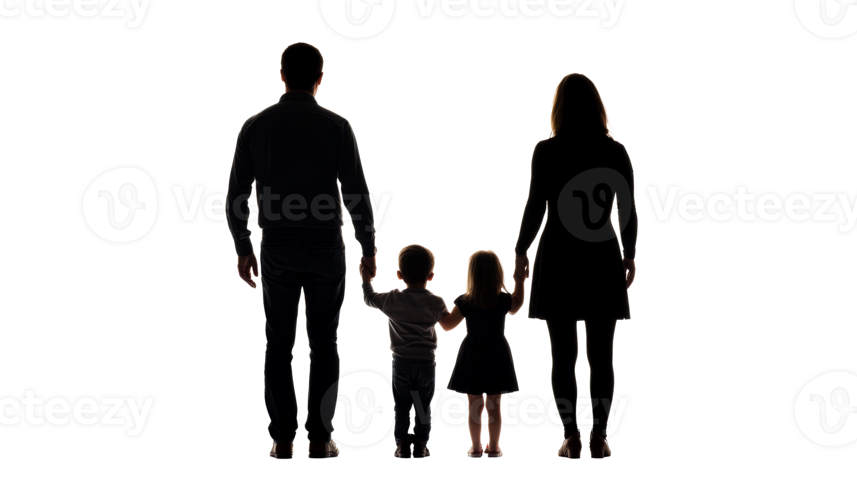 Silhouette of parents and children holding hands from behind, cut out transparent png
