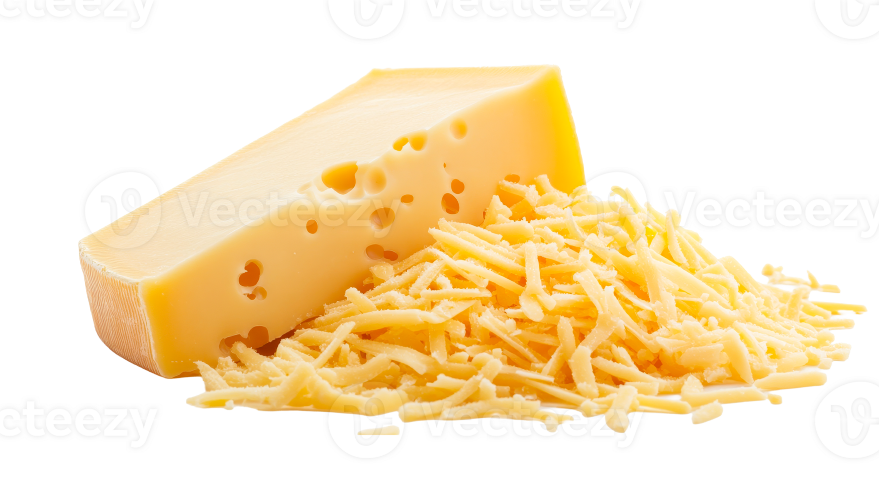 Swiss cheese wedge with pile of shreds, cut out transparent png