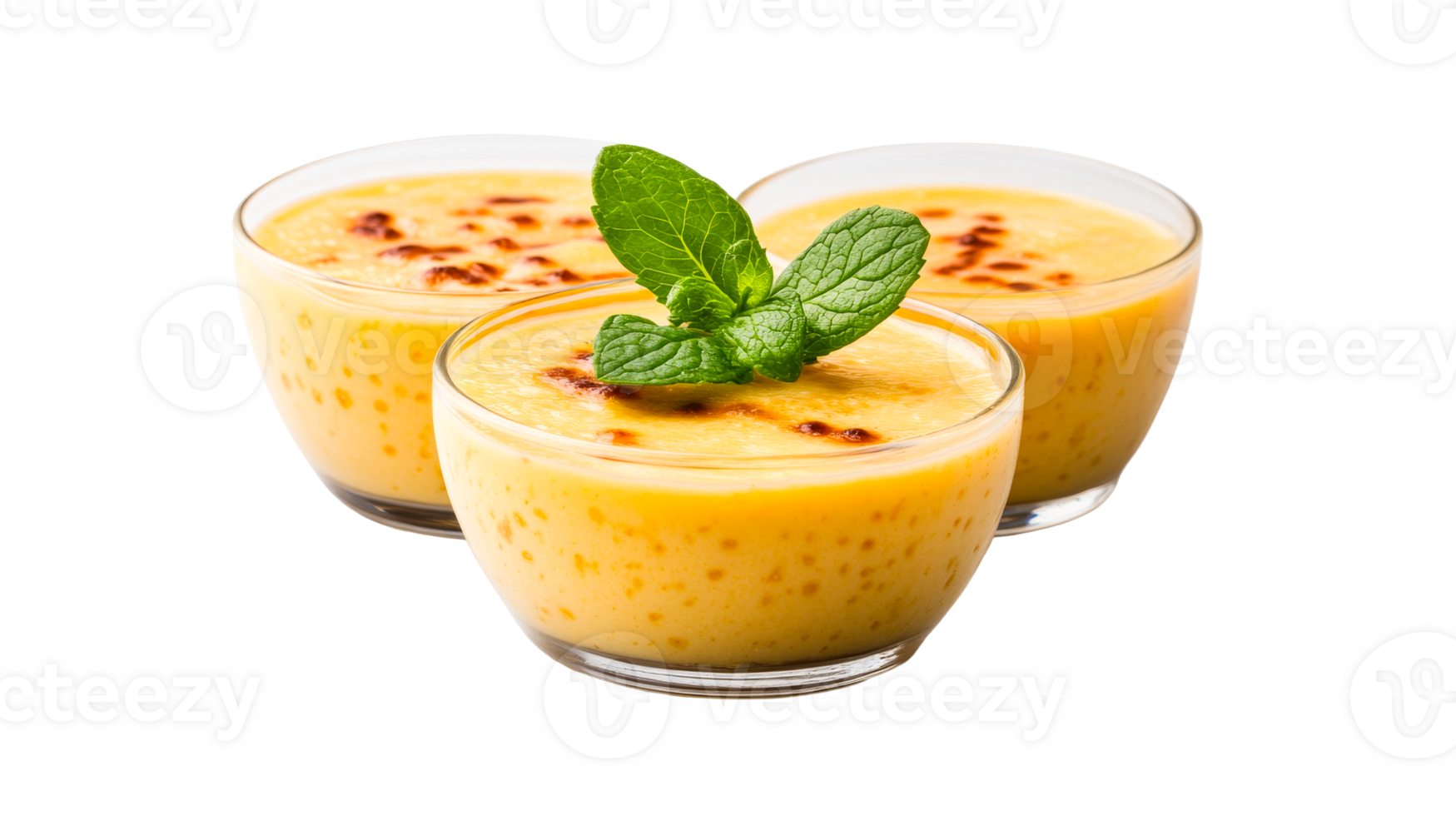 Three custard dessert cups garnished with mint sprig, cut out transparent png