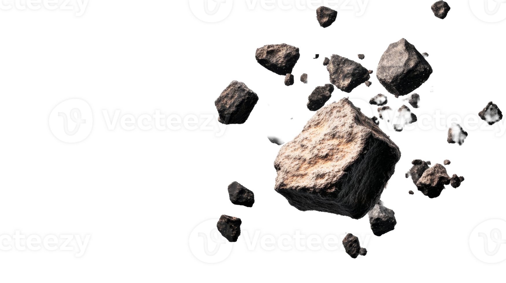 Asteroids floating in deep space isolated on black, cut out transparent png