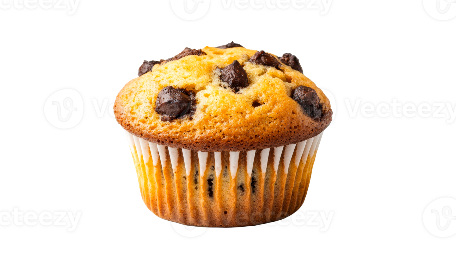 Chocolate chip muffin presentation against black backdrop, cut out transparent png
