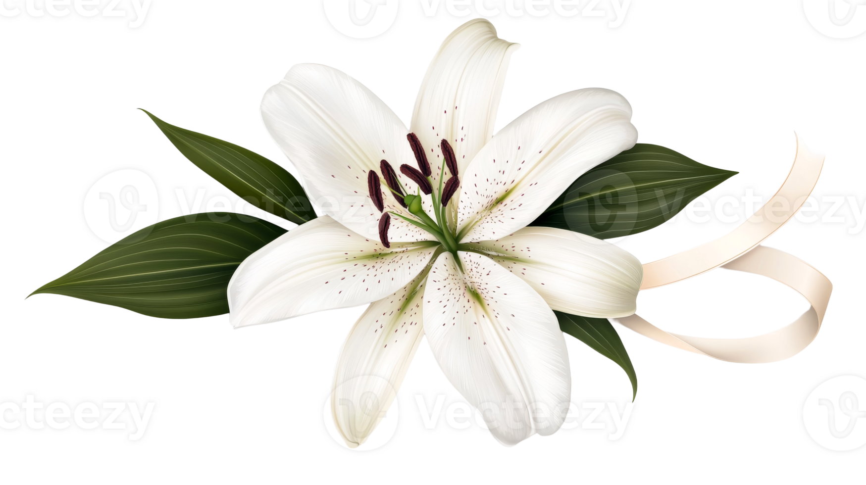 White lily flower with leaves and ribbon, cut out transparent png