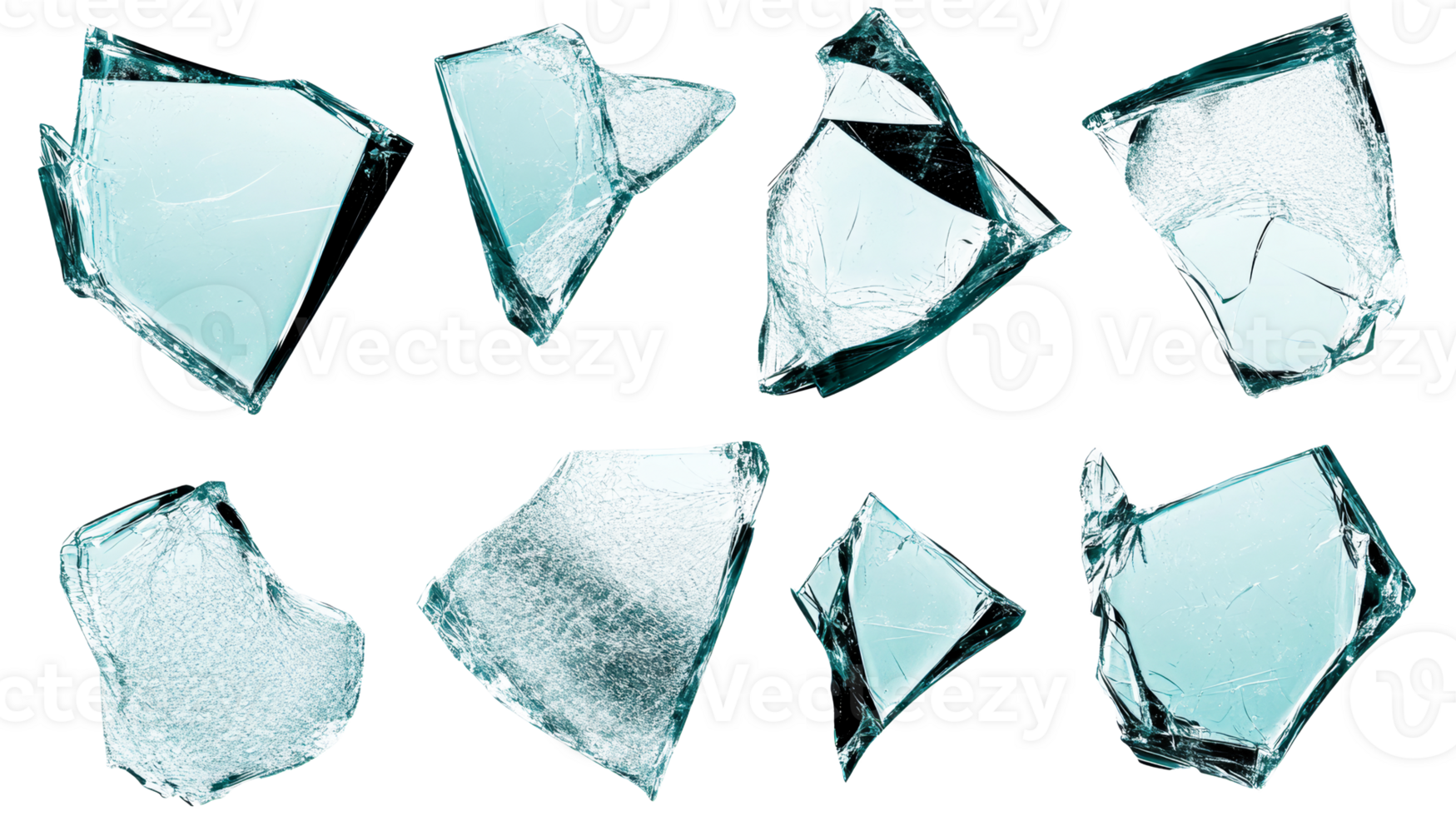 Shattered light blue glass pieces, sharp edges on dark background, cut out transparent png
