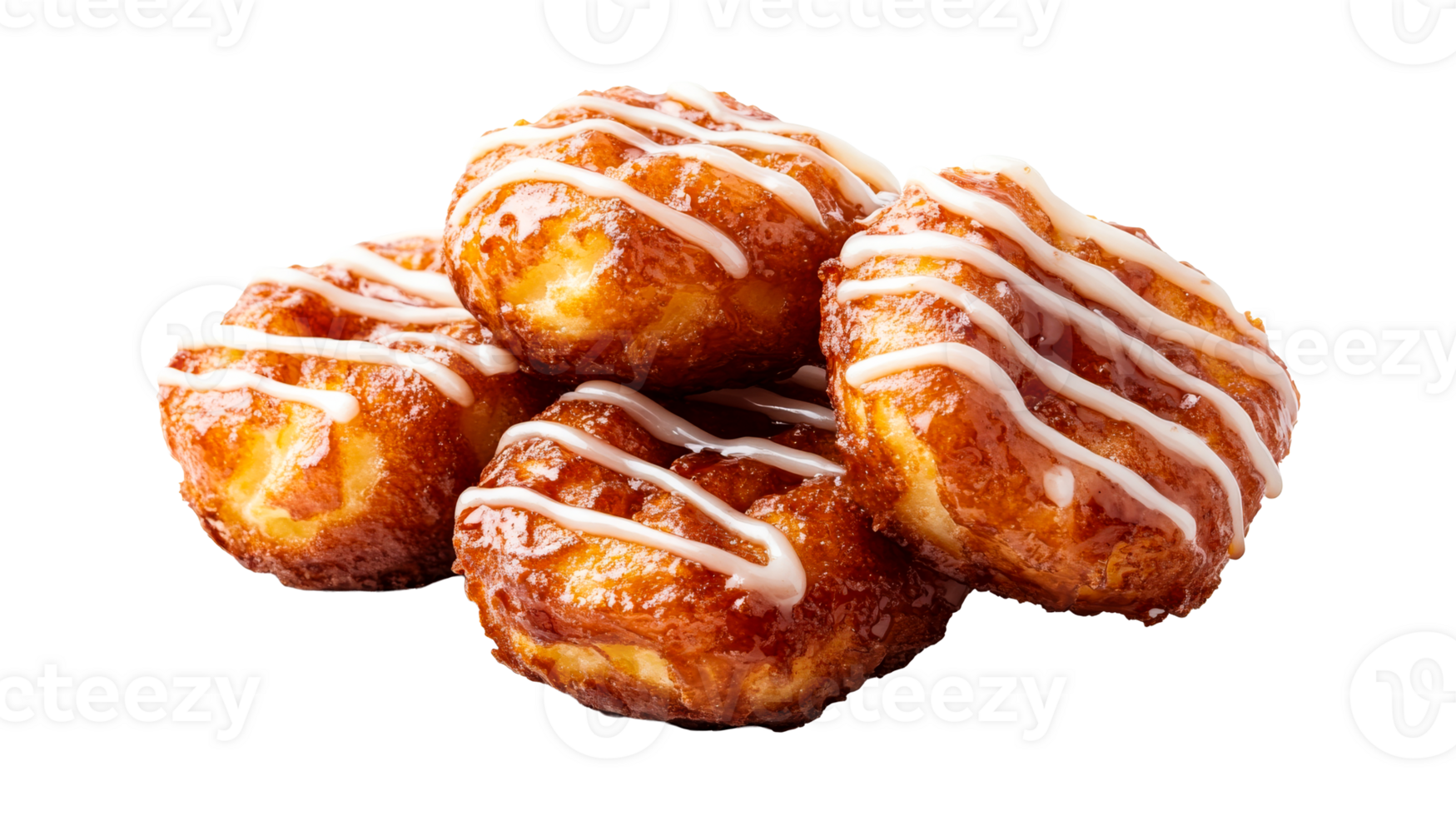 Glazed fried donuts drizzled with icing topping, tasty dessert, cut out transparent png