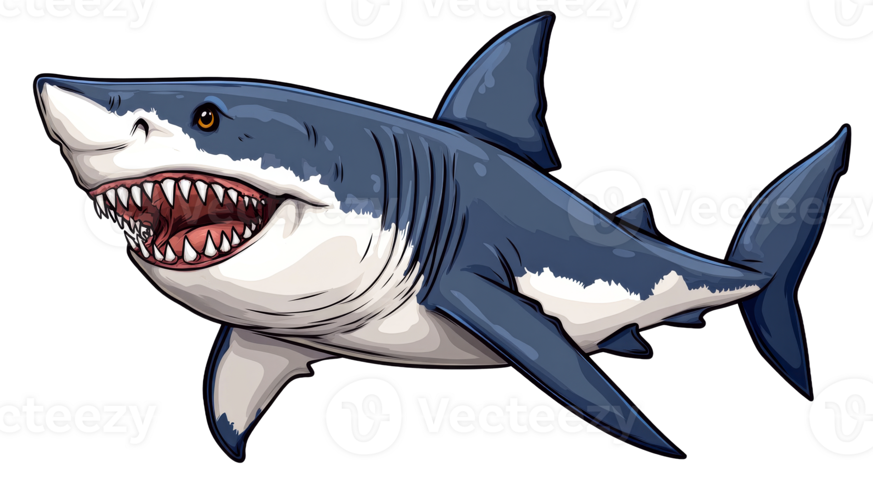 Ferocious cartoon shark with sharp teeth and fierce expression, cut out transparent png