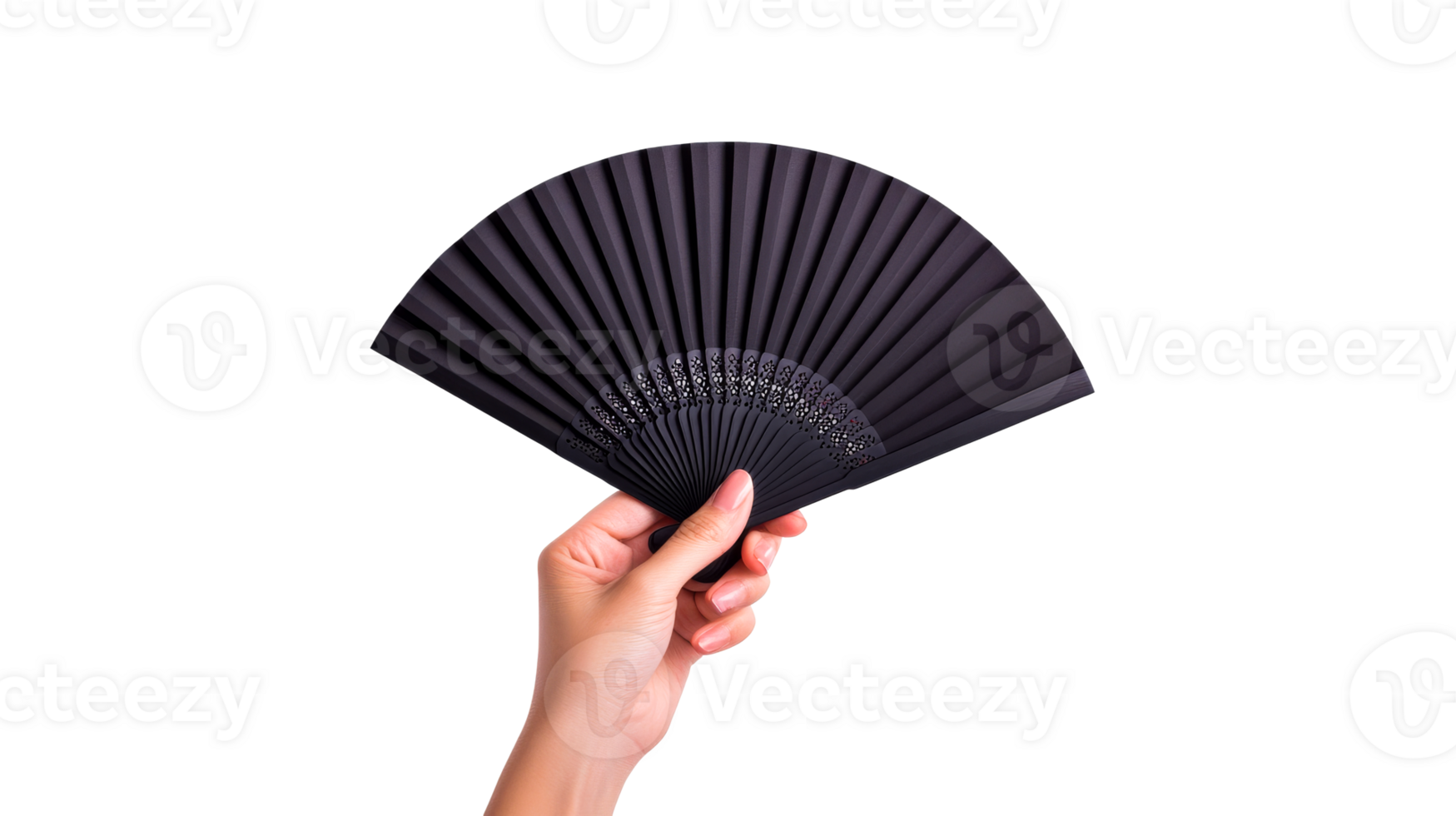 Female hand holding elegant black hand fan, cut out transparent png