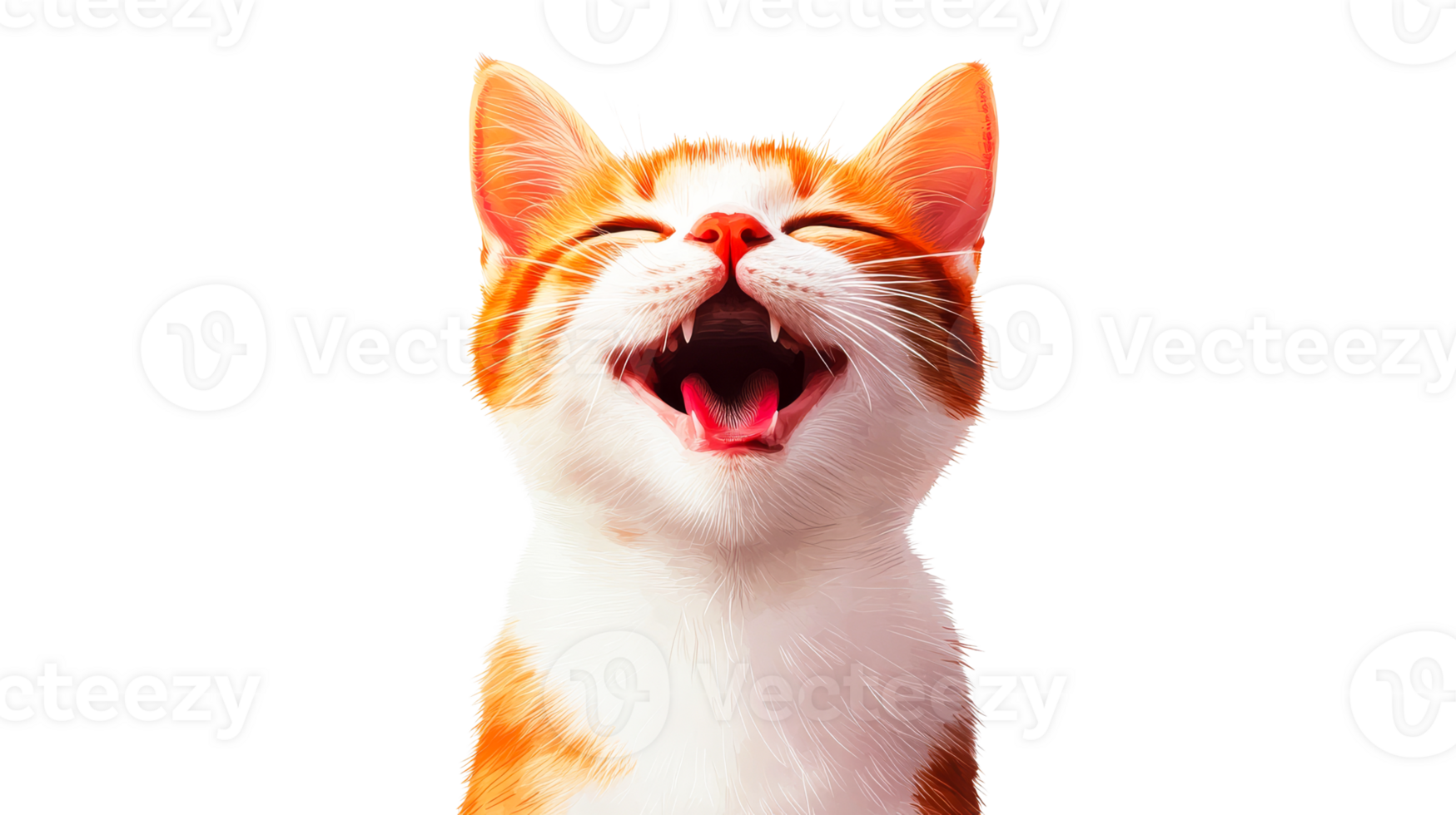 Orange and white cat with mouth open expression, cut out transparent png