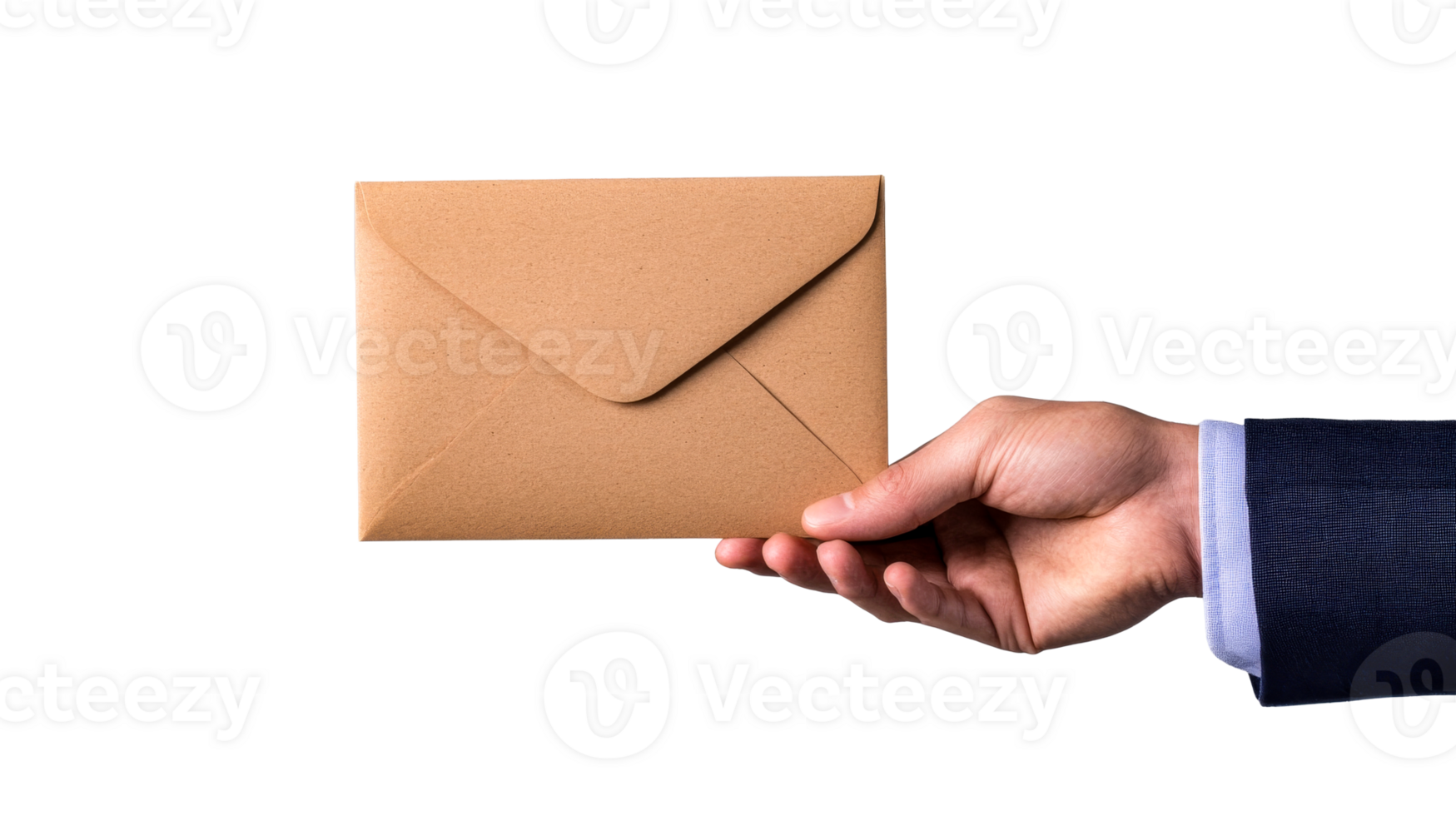 Hand holds brown envelope, business style isolated object, cut out transparent png