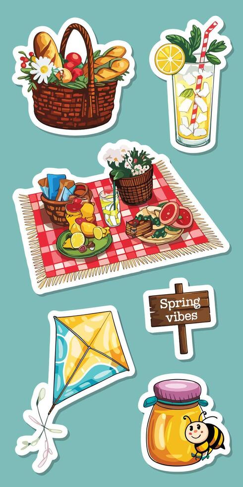 food and drink item sticker sheet bundle ice cream, honey, fruits, lemon, orange vector