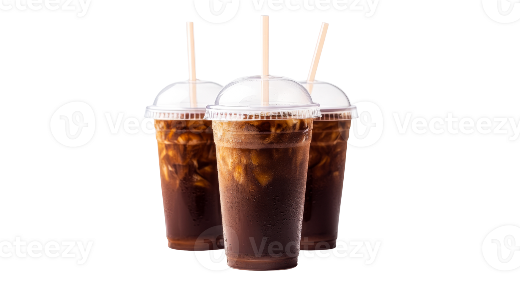 Three iced coffees, cups, straws, refreshing drinks, cut out transparent png