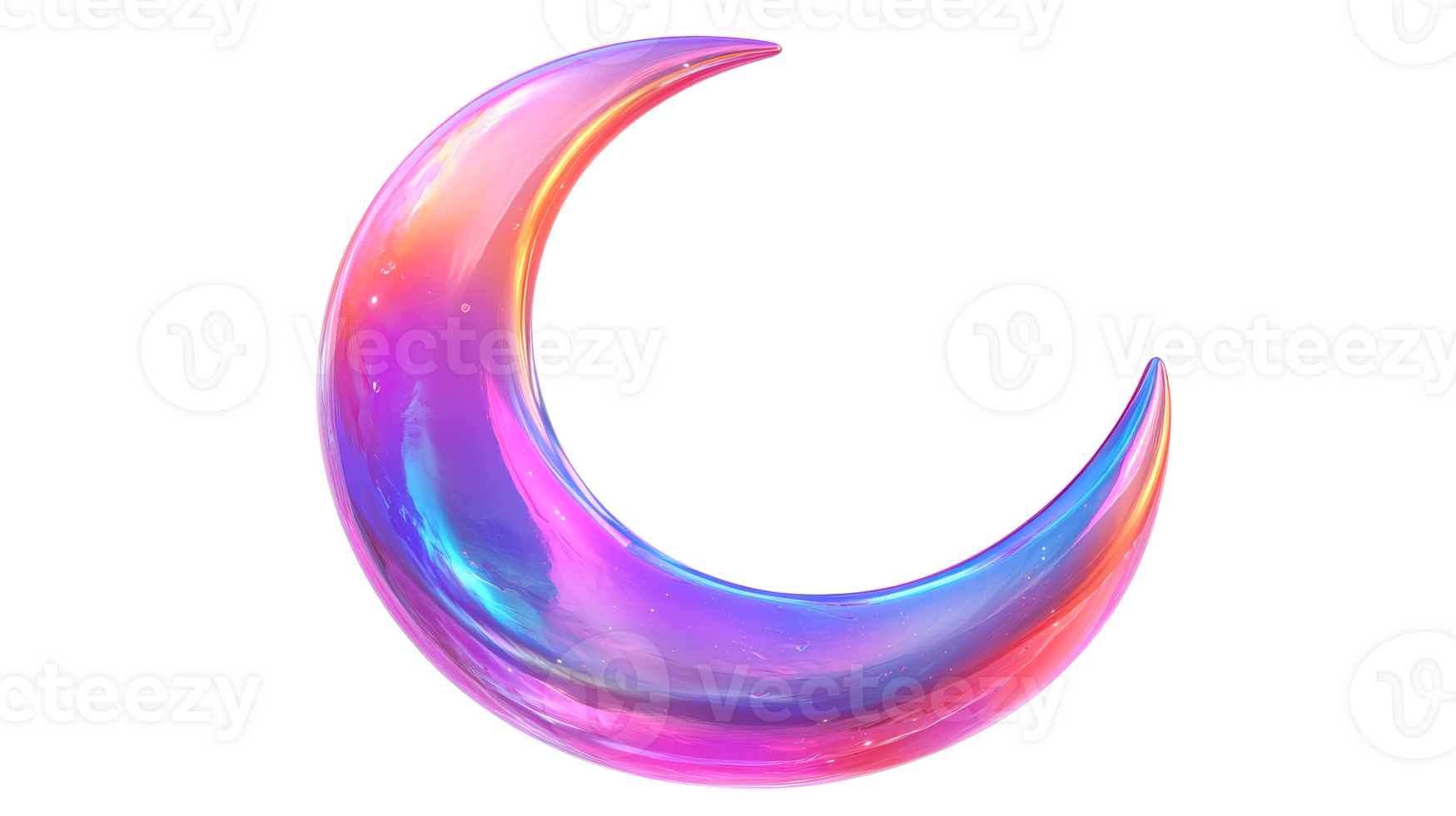 Crescent moon with vibrant colors and iridescent sheen, cut out transparent png