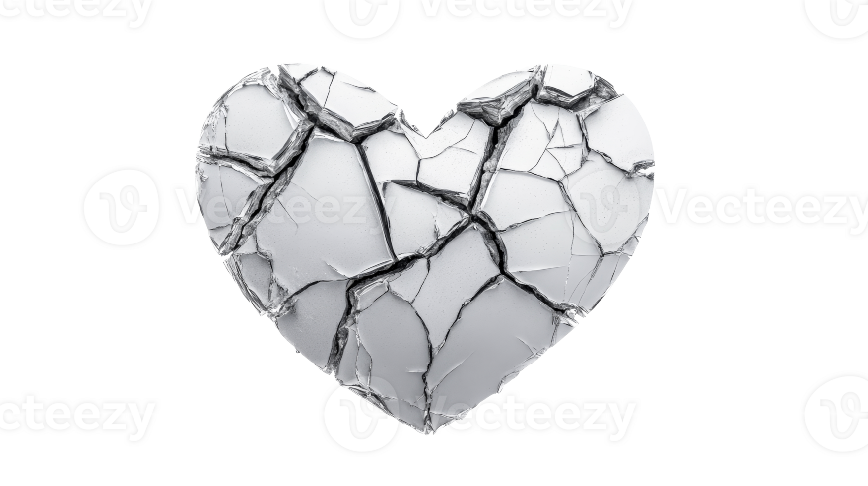 Broken heart symbol made of white glass, with cracks, cut out transparent png