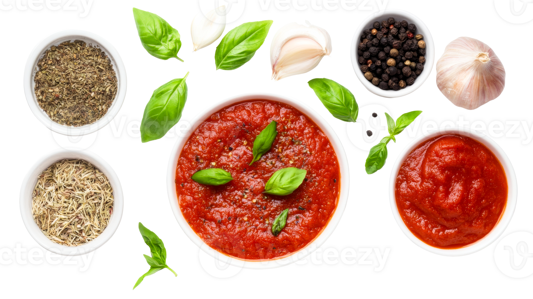 Tomato sauce, herbs, garlic, basil, spices on black, cut out transparent png