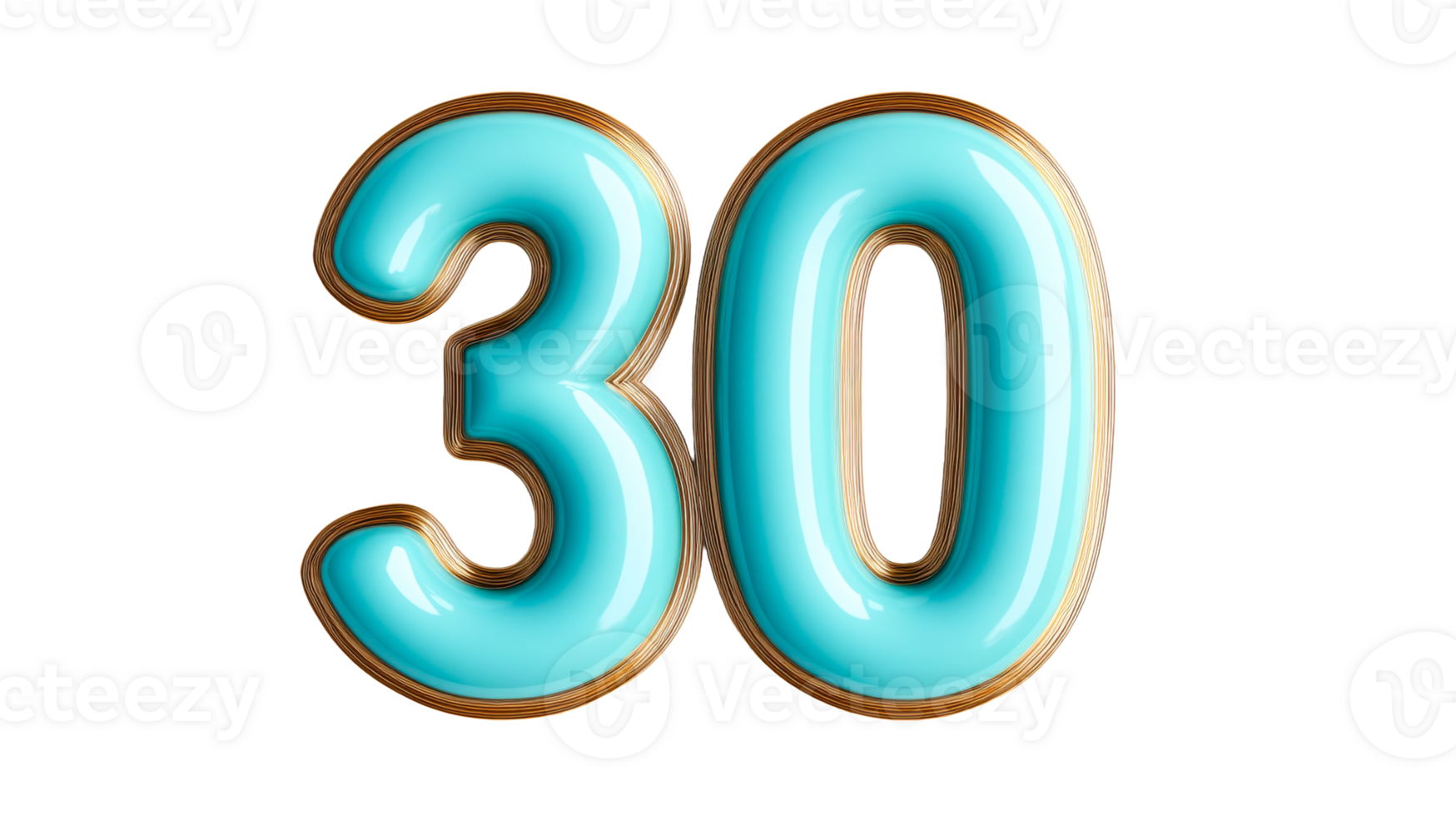 Shiny turquoise number thirty, gold contour, isolated, cut out transparent png