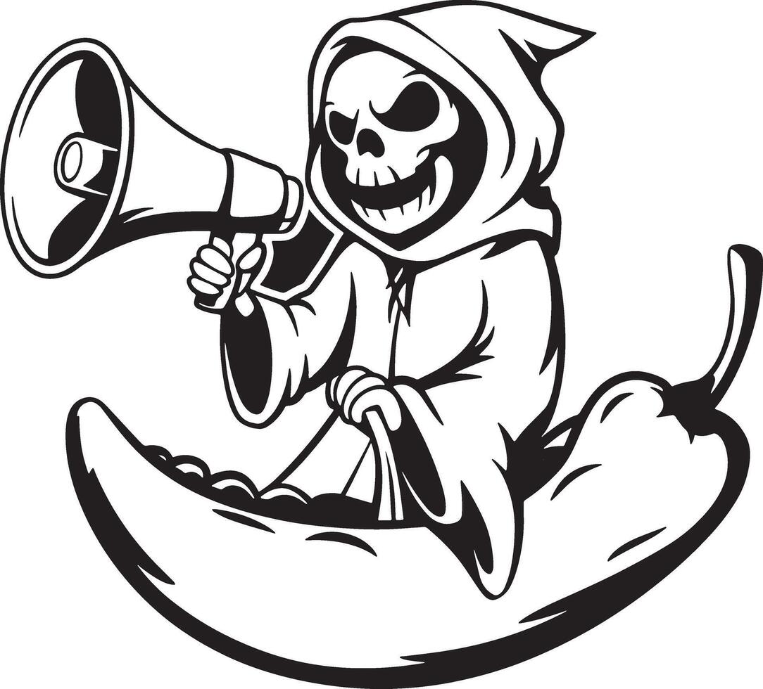 Grim reaper on a chili with mic line art vector