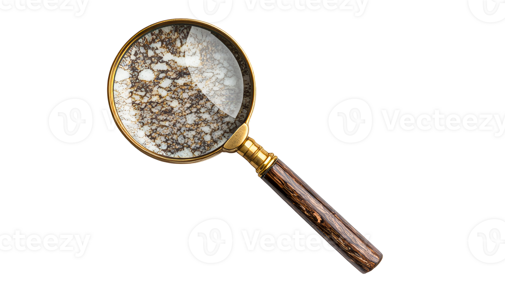 Antique magnifying glass with patterned lens on black backdrop, cut out transparent png