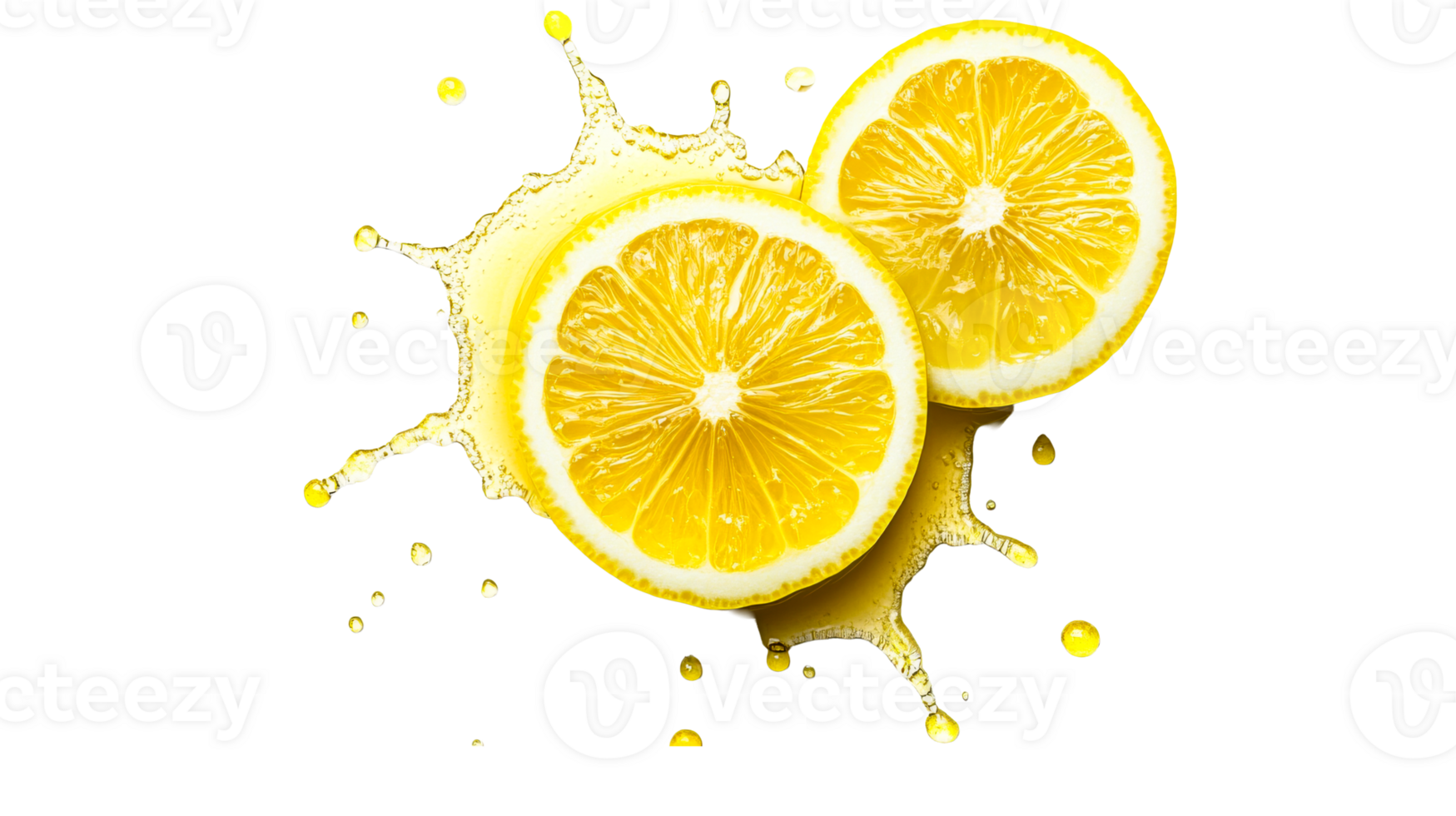 Lemon Slices with Juice Splash on Black Background, cut out transparent png